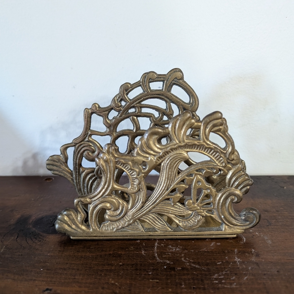 Vintage Brass Art Deco Revival Letter Napkin Holder Mail Ornate Art Nouveau MCM